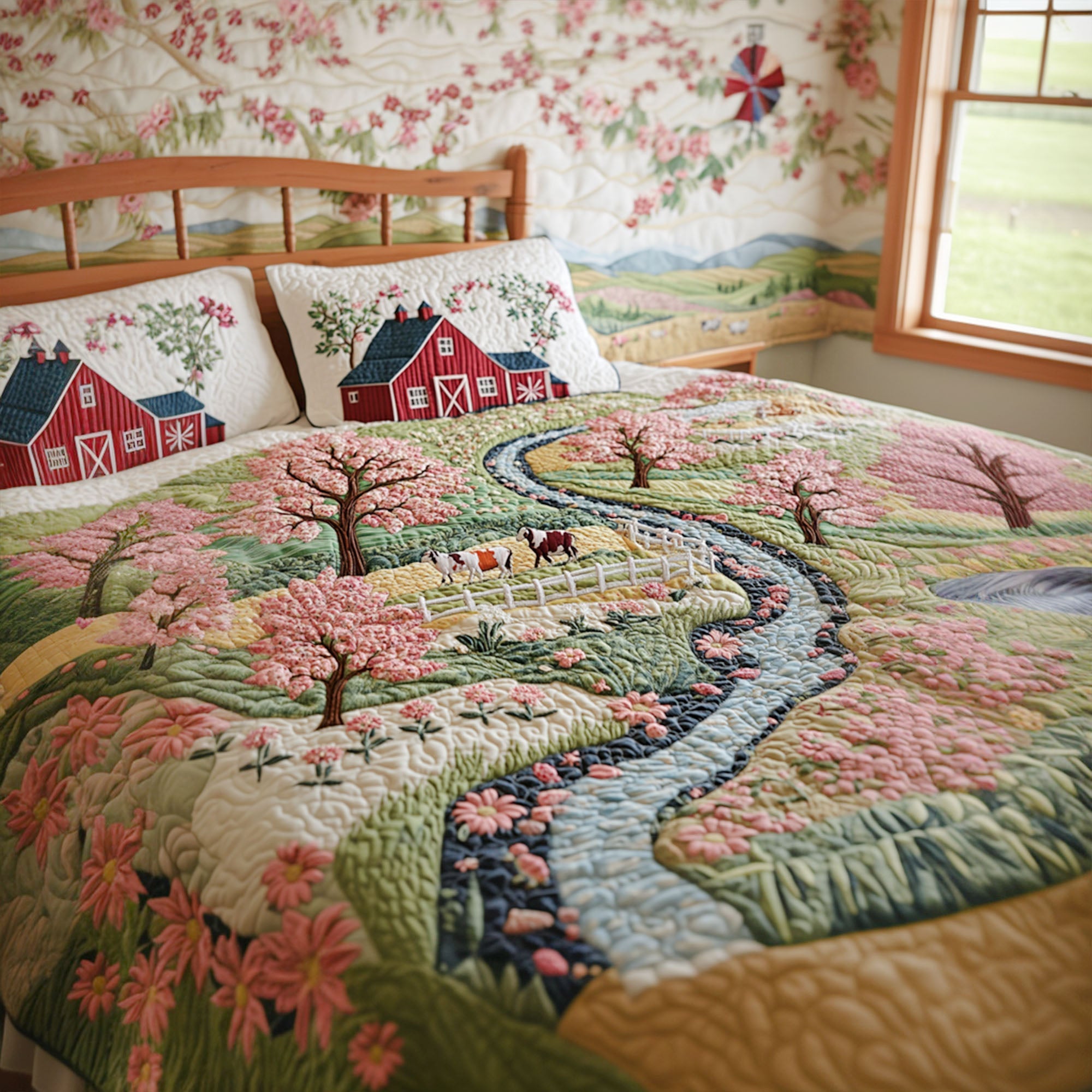 Spring Meadow Quilted Bedding Set Cute Room Decor Tractor Presents For Adults