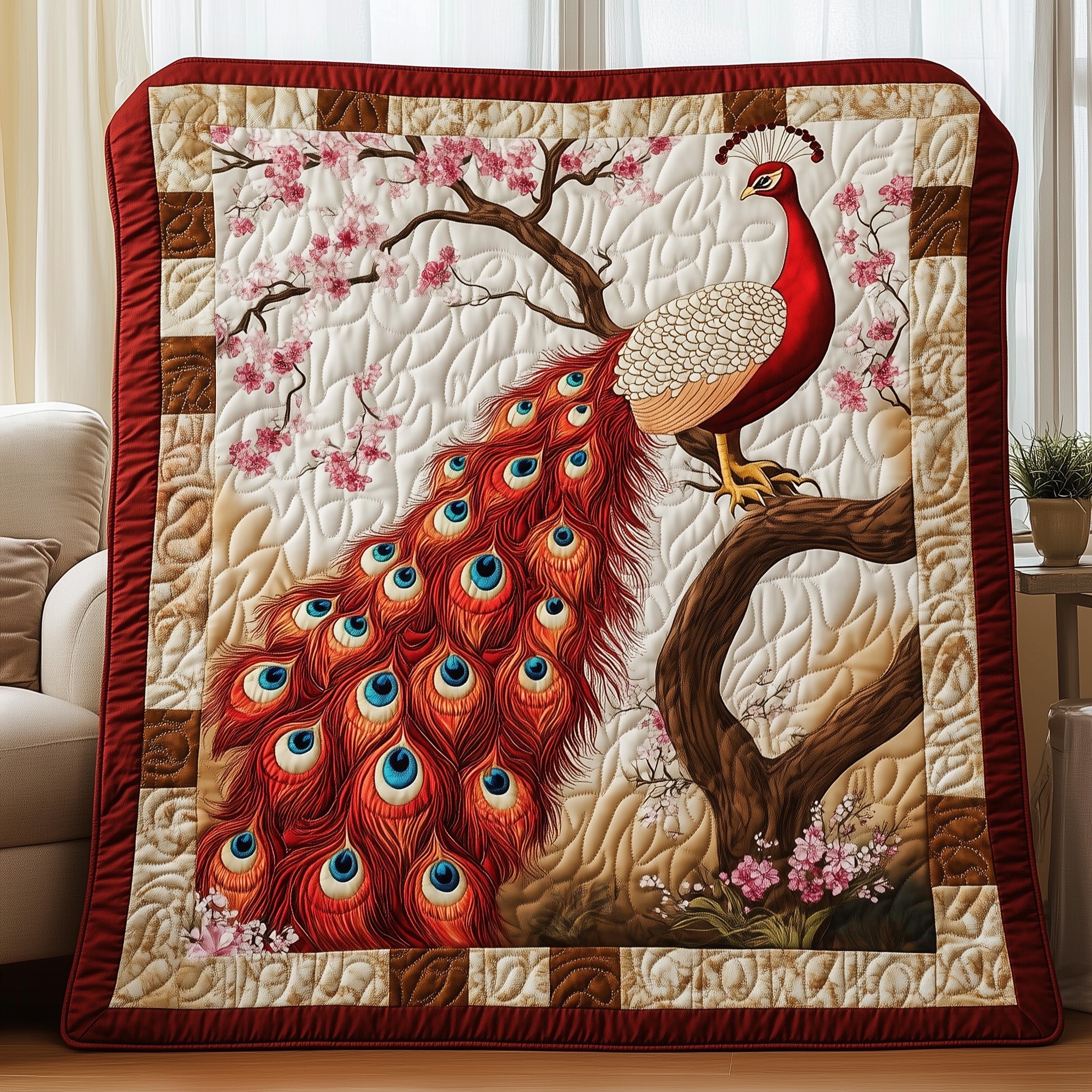 Spring Peacock Quilted Blanket Nice Throw BlanketPeacock Merchandise Gifts