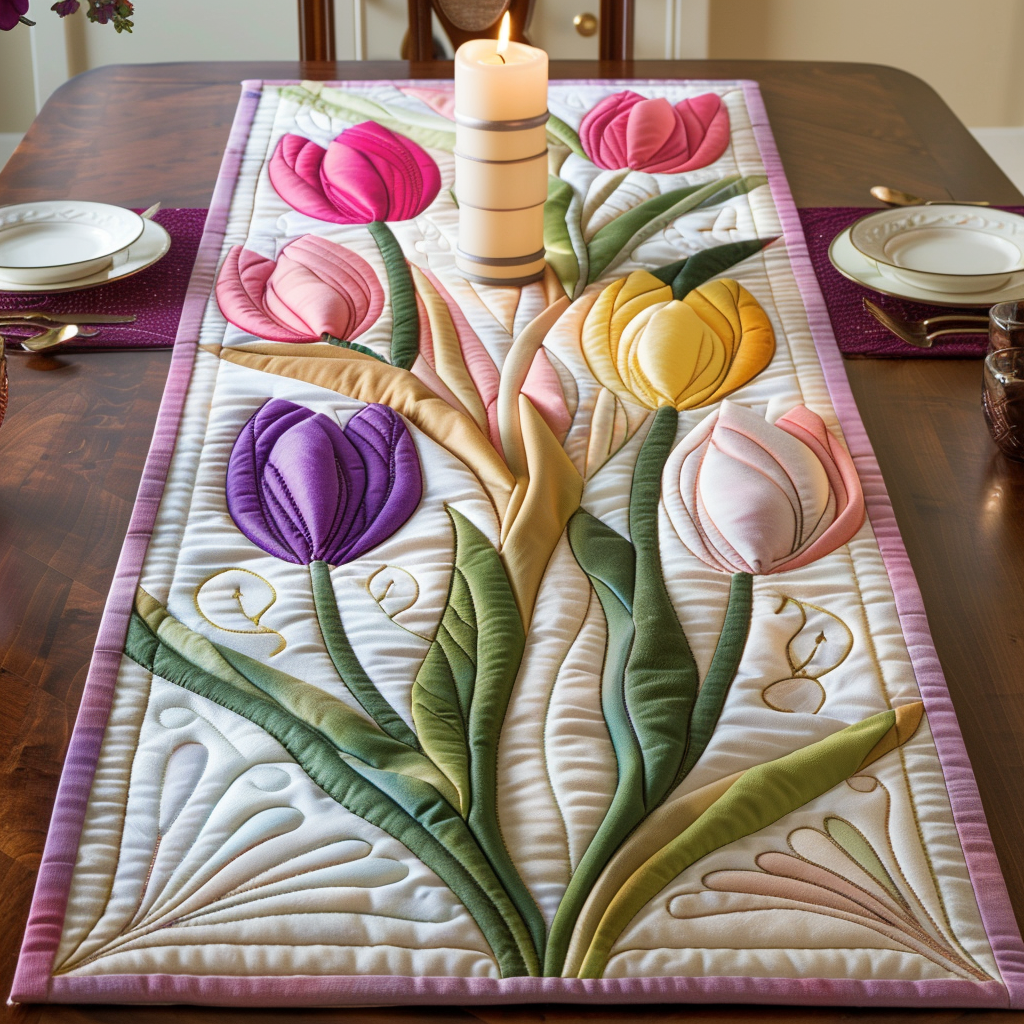 Spring Tulip Symphony Quilted Table Runner Dining Room Decor Ideas Unusual Tulip Gifts