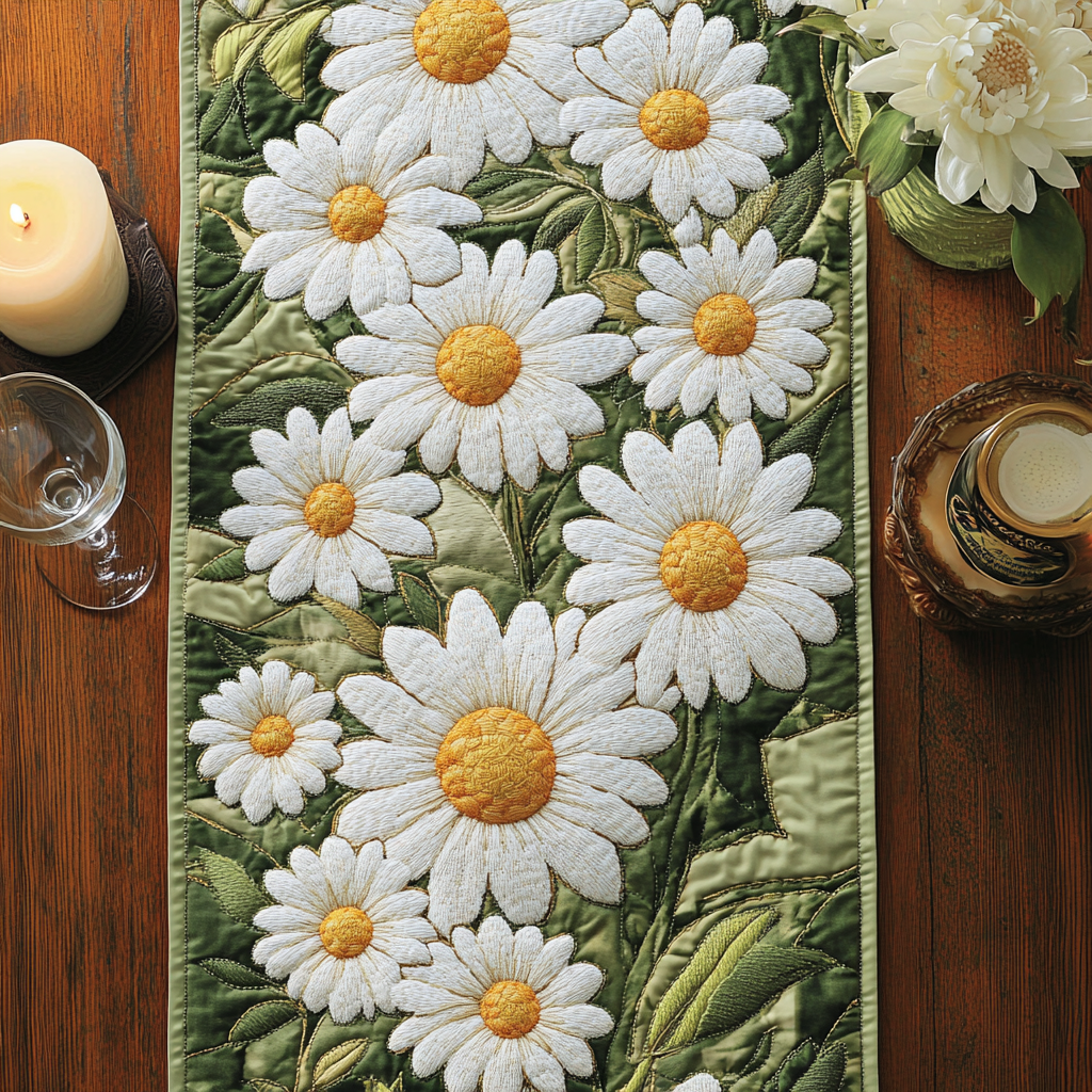 Spring Whisper Quilted Table Runner Floral Table Cover Gifts With Daisies On Them
