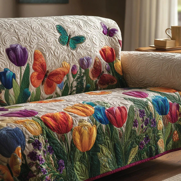 Spring Wingscape Quilted Sofa Cover Butterfly Floral Furniture Protector Best Gift For Nature Lovers