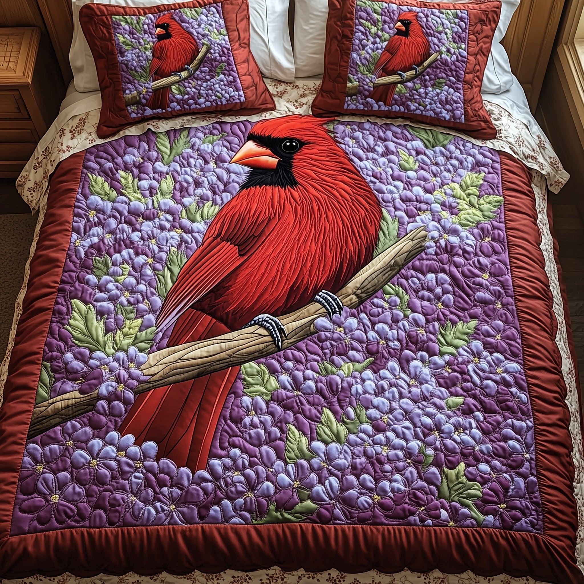 Springtime Cardinal Quilted Bedding Set Duvet Cover Bed Sheet Red Cardinal Gift Items