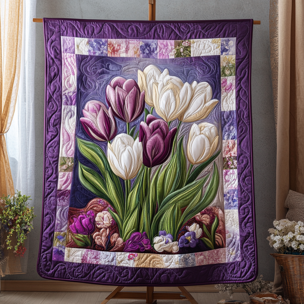 Springtime Comfort Quilted Blanket Christmas Throw Blanket Unique Gifts For Tulip Lovers