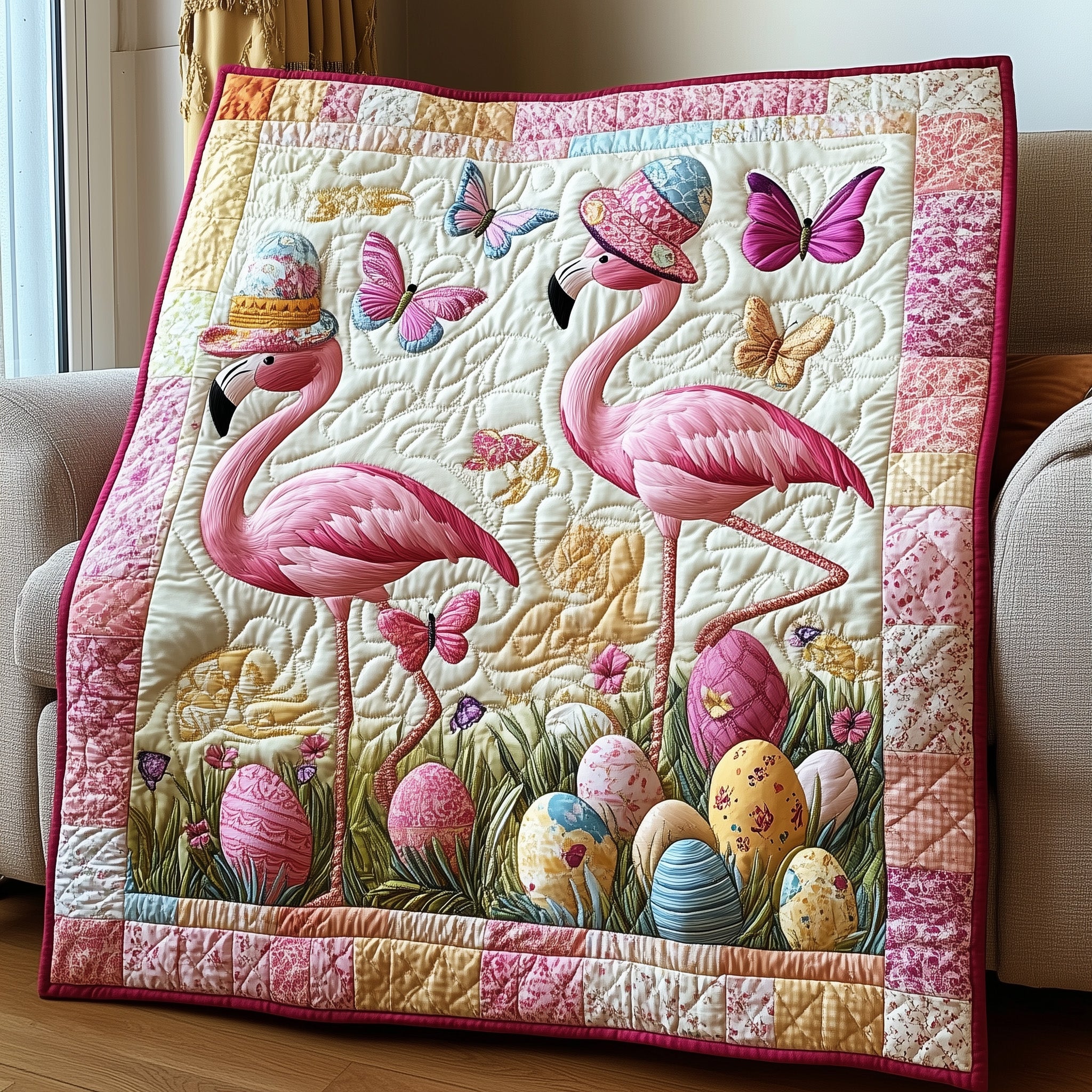 Springtime Feathers And Eggs Quilted Blanket Cute Bed BlanketBest Easter Gifts