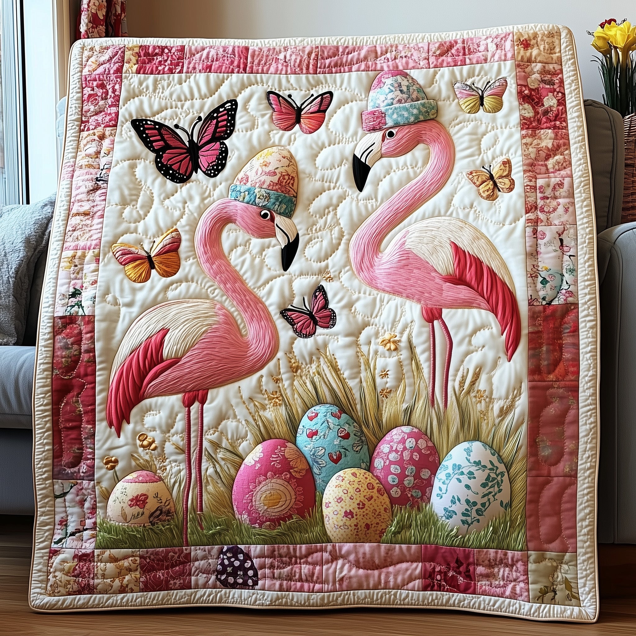 Springtime Feathers And Eggs Quilted Blanket Cute Bed BlanketUnique Easter Gifts Christian