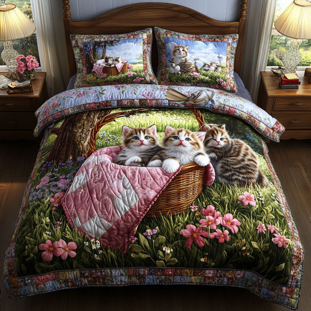 Springtime Kittens Quilted Bedding Set Bedroom Decor Cool Gifts For Cat Owners