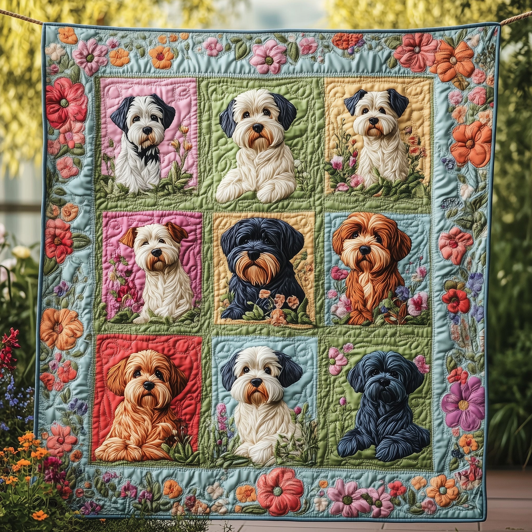 Springtime Schnauzer Bliss Quilted Blanket Merchandise Throw BlanketGifts For Someone Who Loves Their Dog