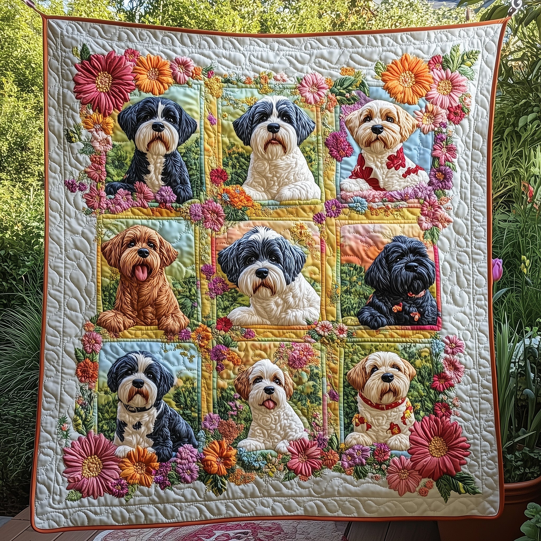 Springtime Schnauzer Bliss Quilted Blanket Merchandise Throw BlanketUnique Gifts For Animal Lovers