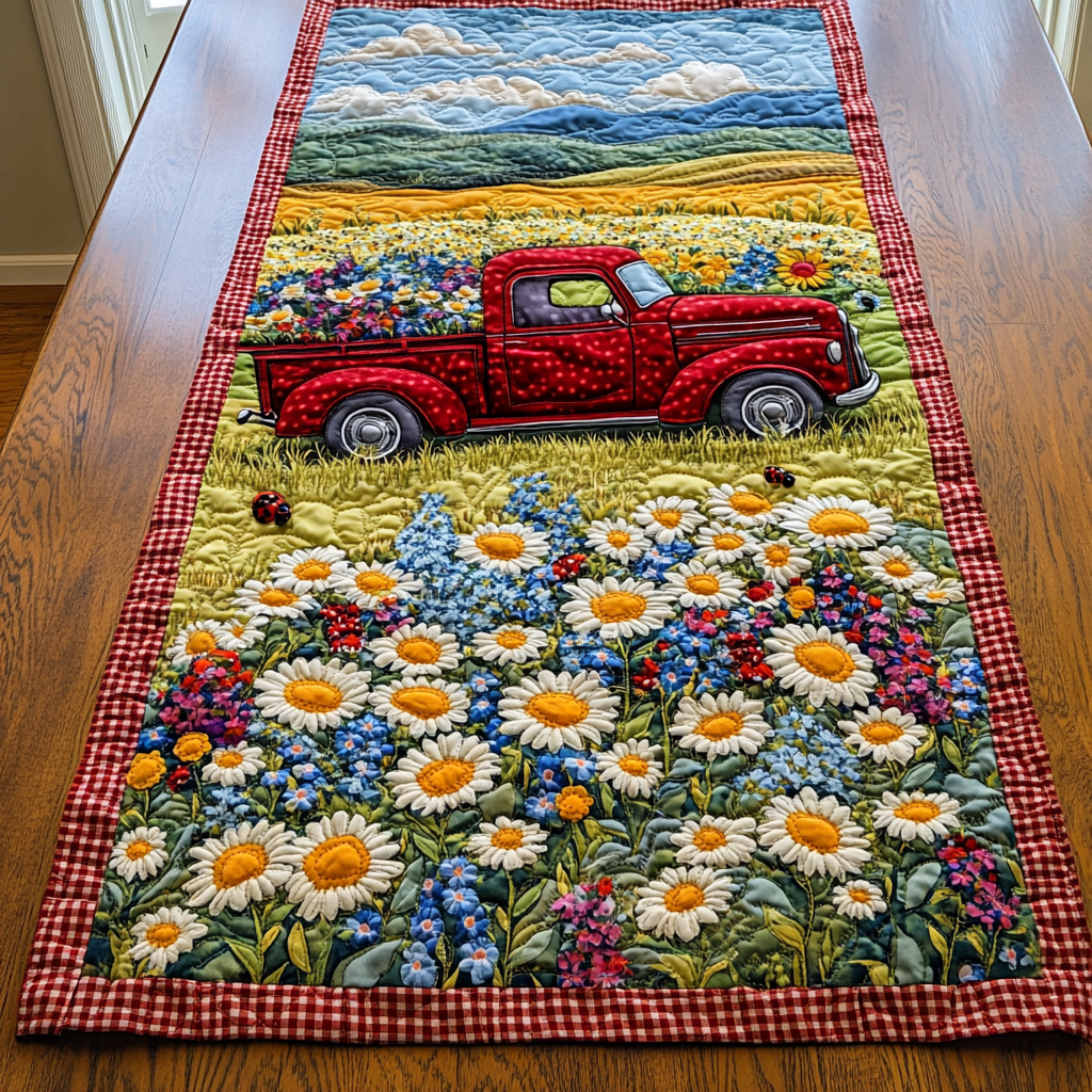 Springtime Truck Quilted Table Runner Dining Room Table Decor Christmas Gifts For Flower Lovers