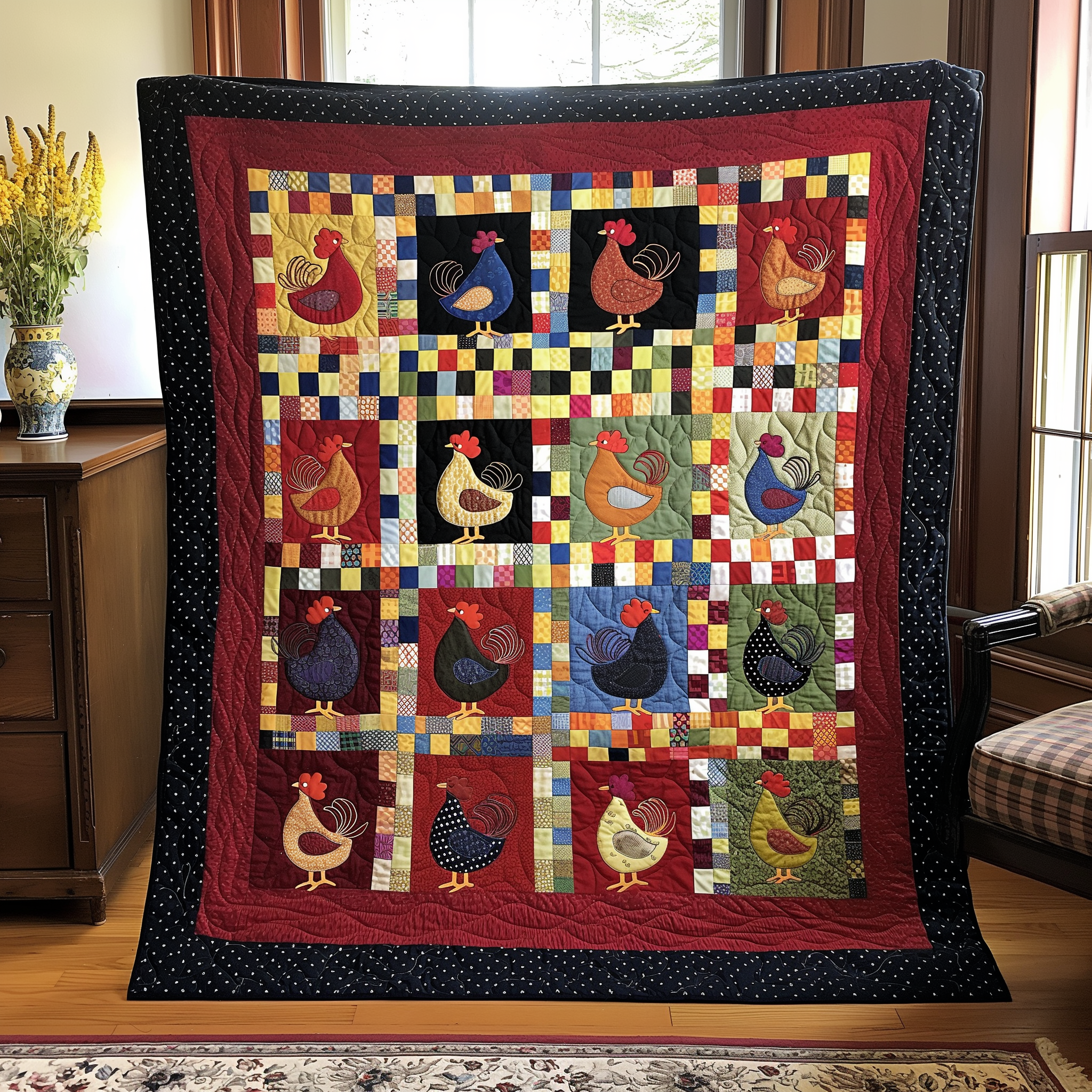 Square Dance Chicken Quilted Blanket Gifts For Chicken Owners