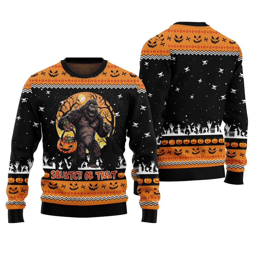 Squatch Or Treat Bigfoot Halloween Sweater Black Warm Winter Sweater to Brighten Your Holidays