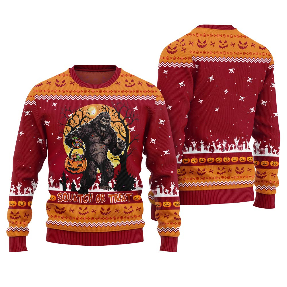 Squatch Or Treat Bigfoot Halloween Ugly Sweater Red Trendy Winter Sweatshirt for Cozy Moments