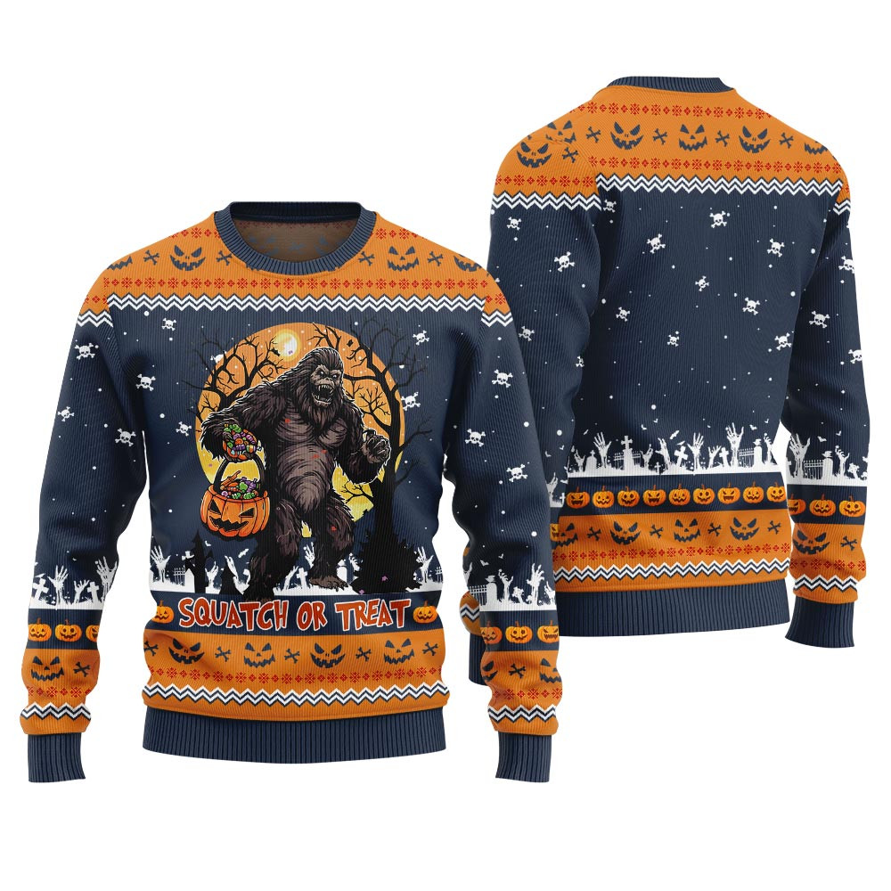 Squatch Or Treat Bigfoot Ugly Halloween Sweater Navy Soft Cotton Sweatshirt for Winter Comfort