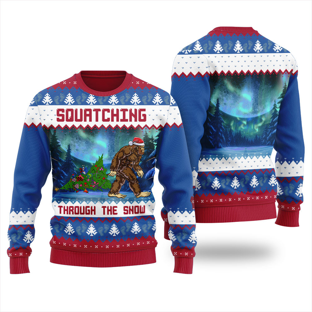 Squatching Through The Snow Bigfoot Christmas Sweater For Women Unique Holiday Merch Gift for Home and Family