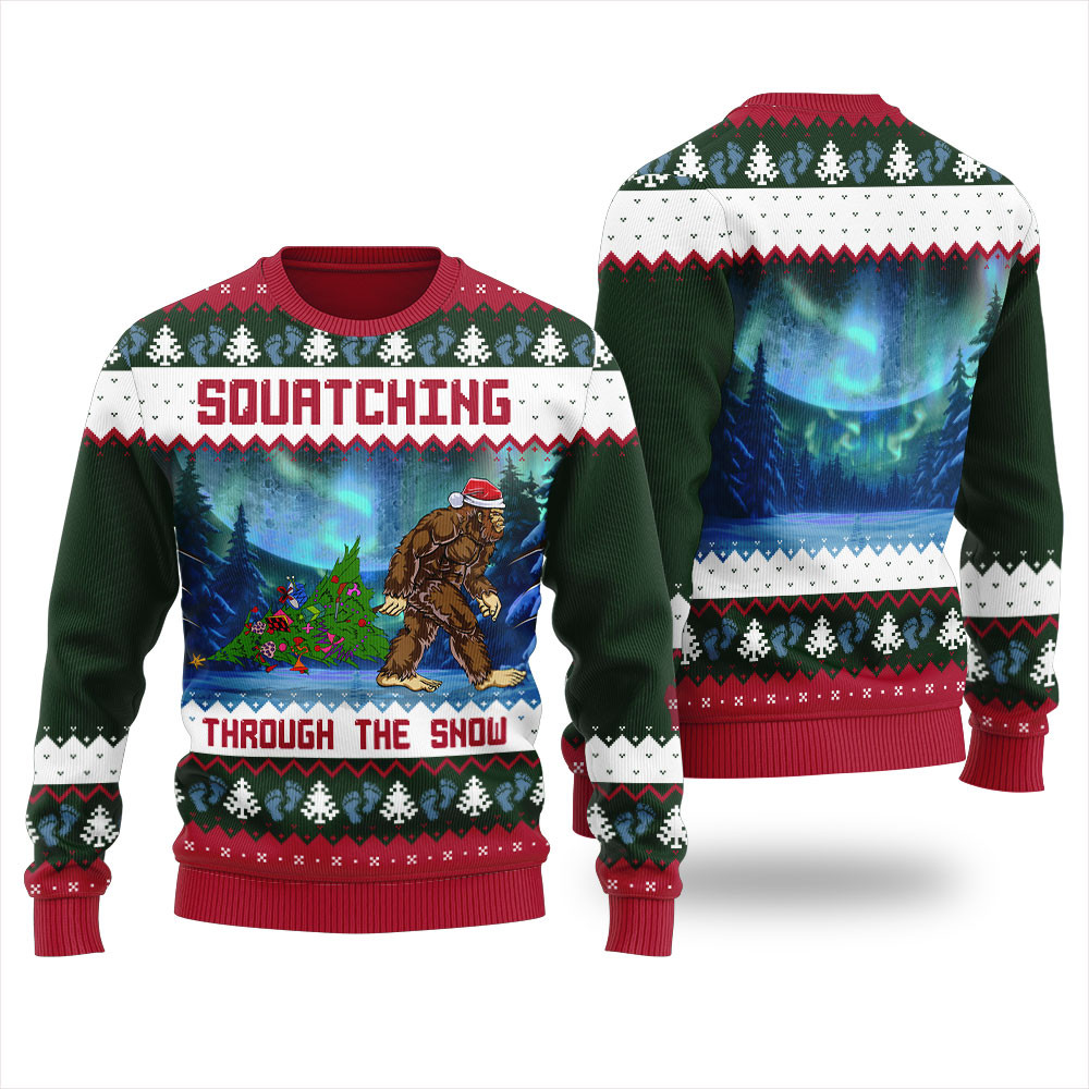 Squatching Through The Snow Bigfoot Christmas Sweater Holiday Merch That Makes a Perfect Christmas Gift