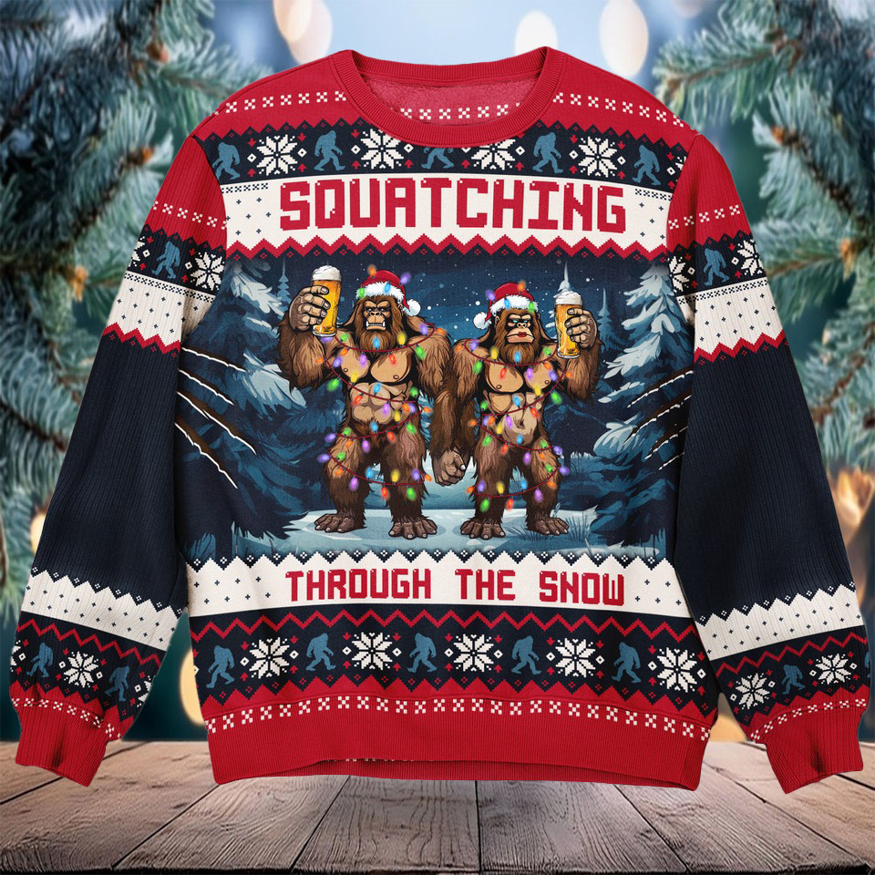Squatching Through The Snow Christmas Ugly Sweater Funny Bigfoot Sweater Gifts For Him