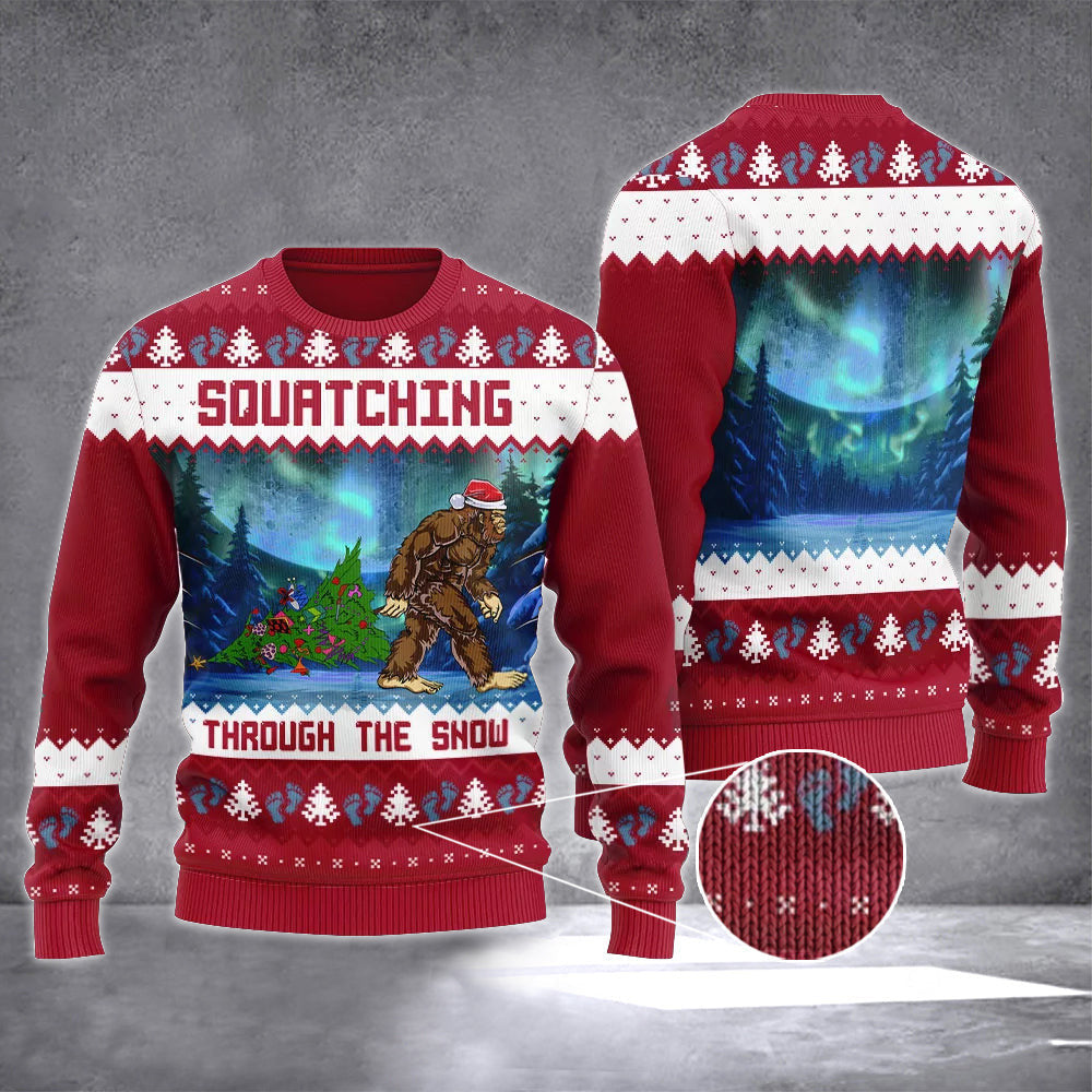 Squatching Through The Snow Ugly Christmas Sweater Bigfoot Xmas Sweater 2024