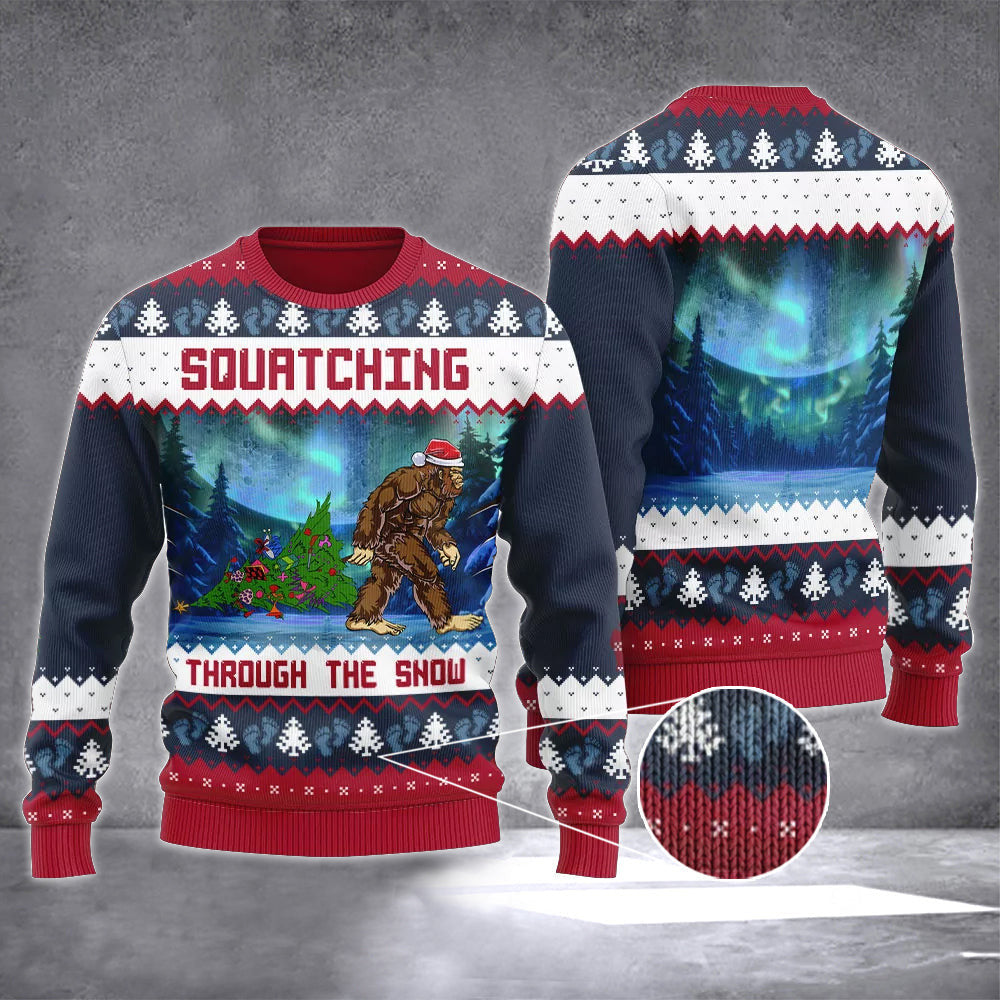 Squatching Through The Snow Ugly Christmas Sweater Bigfoot Xmas Sweater 2024