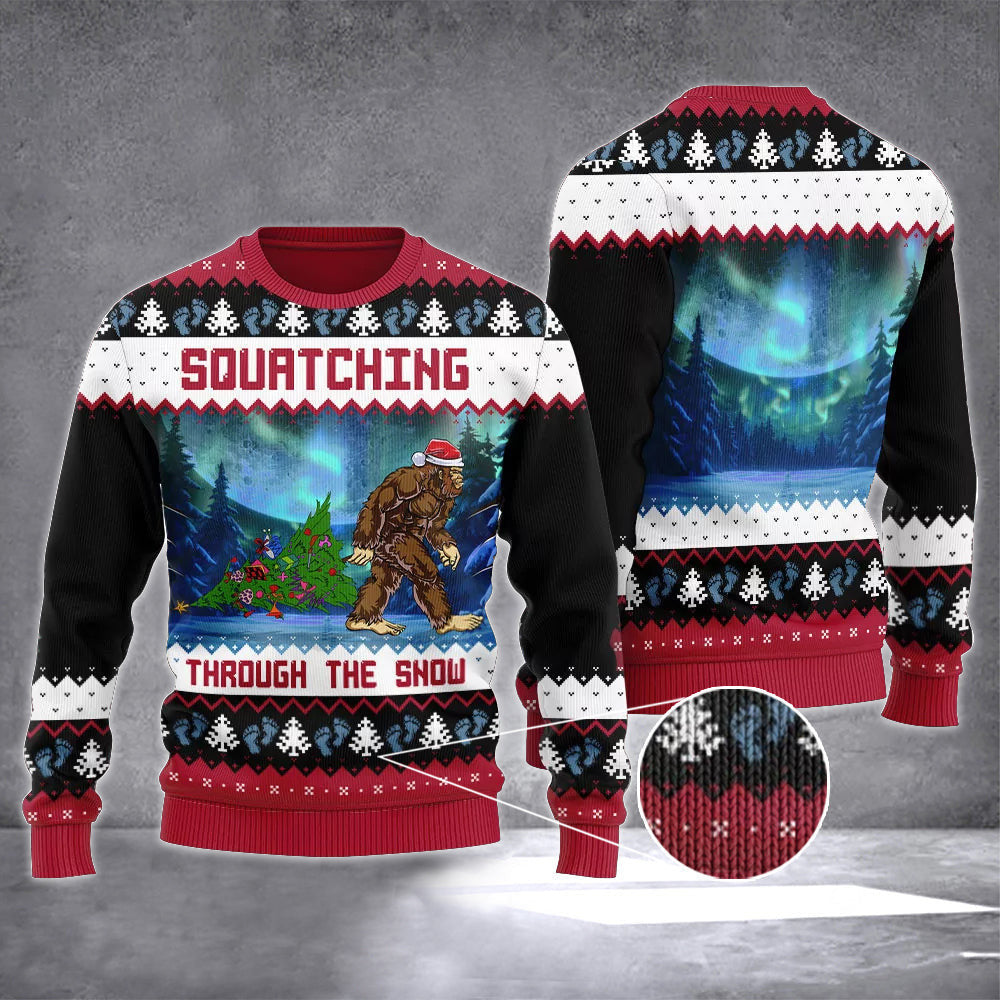 Squatching Through The Snow Ugly Christmas Sweater Bigfoot Xmas Sweater 2024