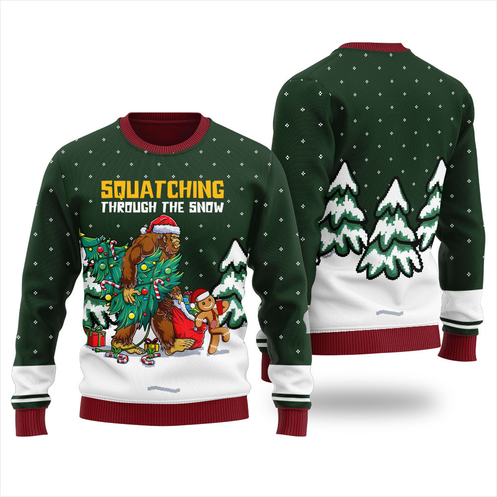 Squatching Through The Snow Ugly Christmas Sweater Perfect Gift Sweater for Friends and Family