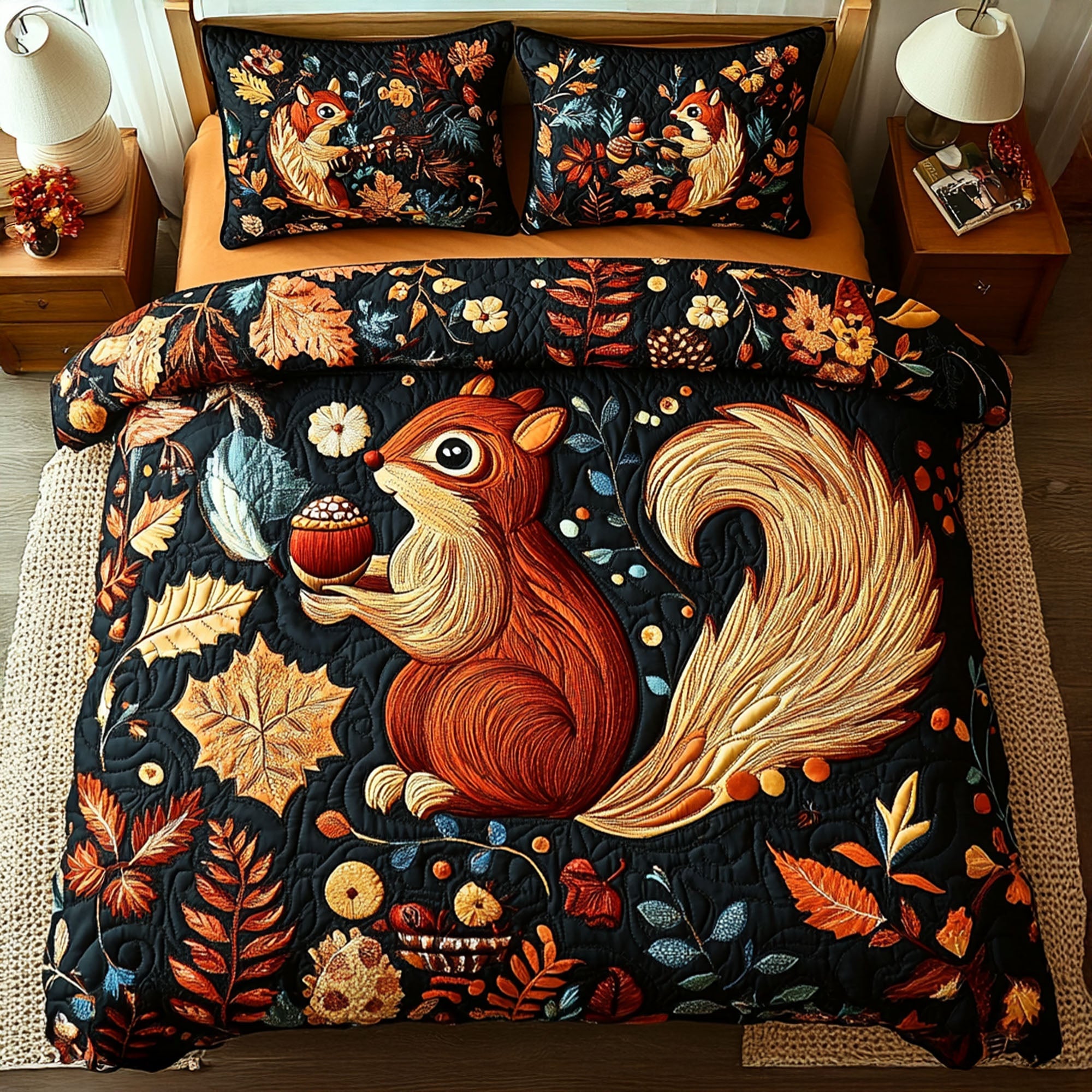Squirrel and Acorns Quilted Bedding Set Bed Decorations Gift For Mid Autumn Festival