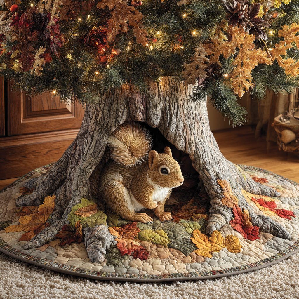 Squirrel Autumn Forager Christmas Quilted Tree Skirt Home Decor Xmas Gifts For Squirrel Lovers