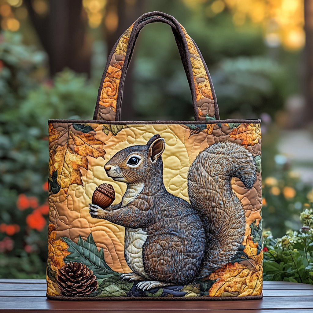 Squirrel Charm Quilted Tote Bag Autumn Gift Ideas