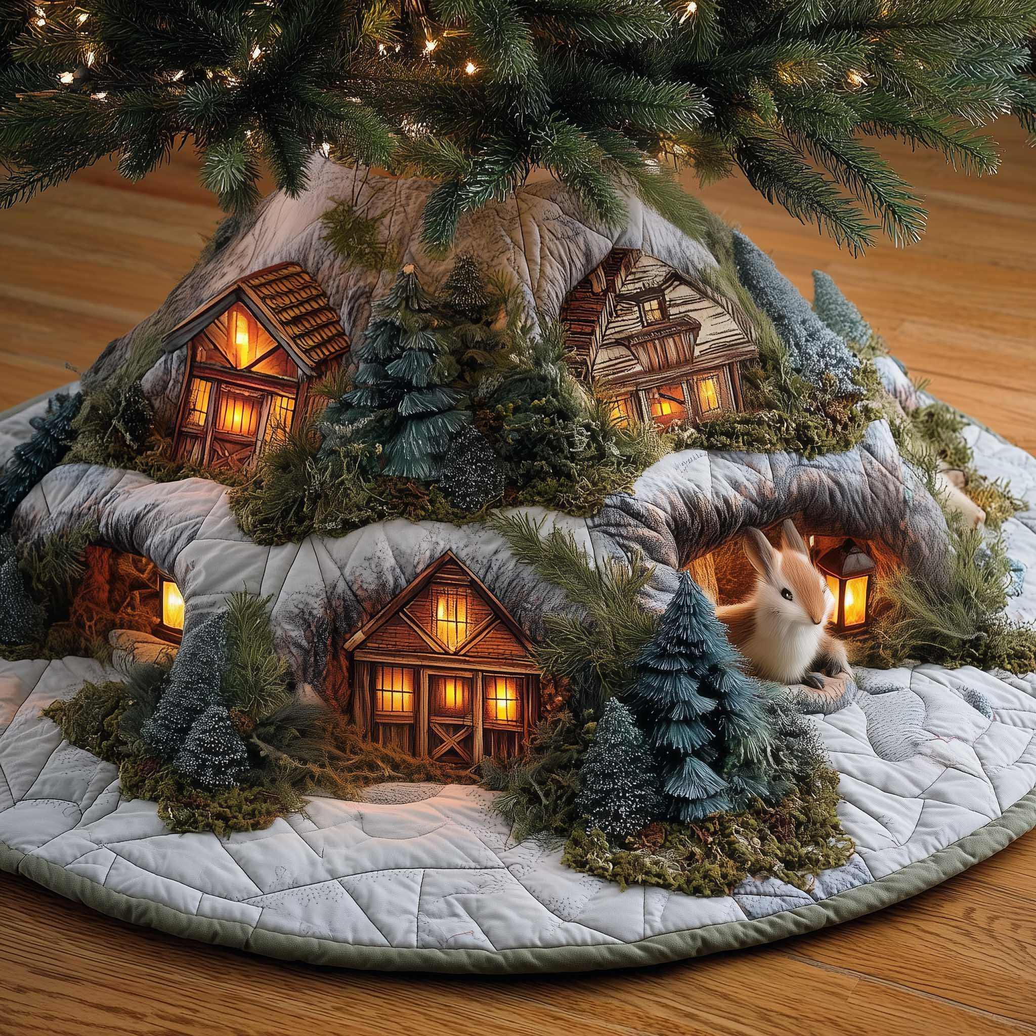 Squirrel Den Christmas Quilted Tree Skirt Xmas Tree Bottom Cover Decor Squirrel Gifts