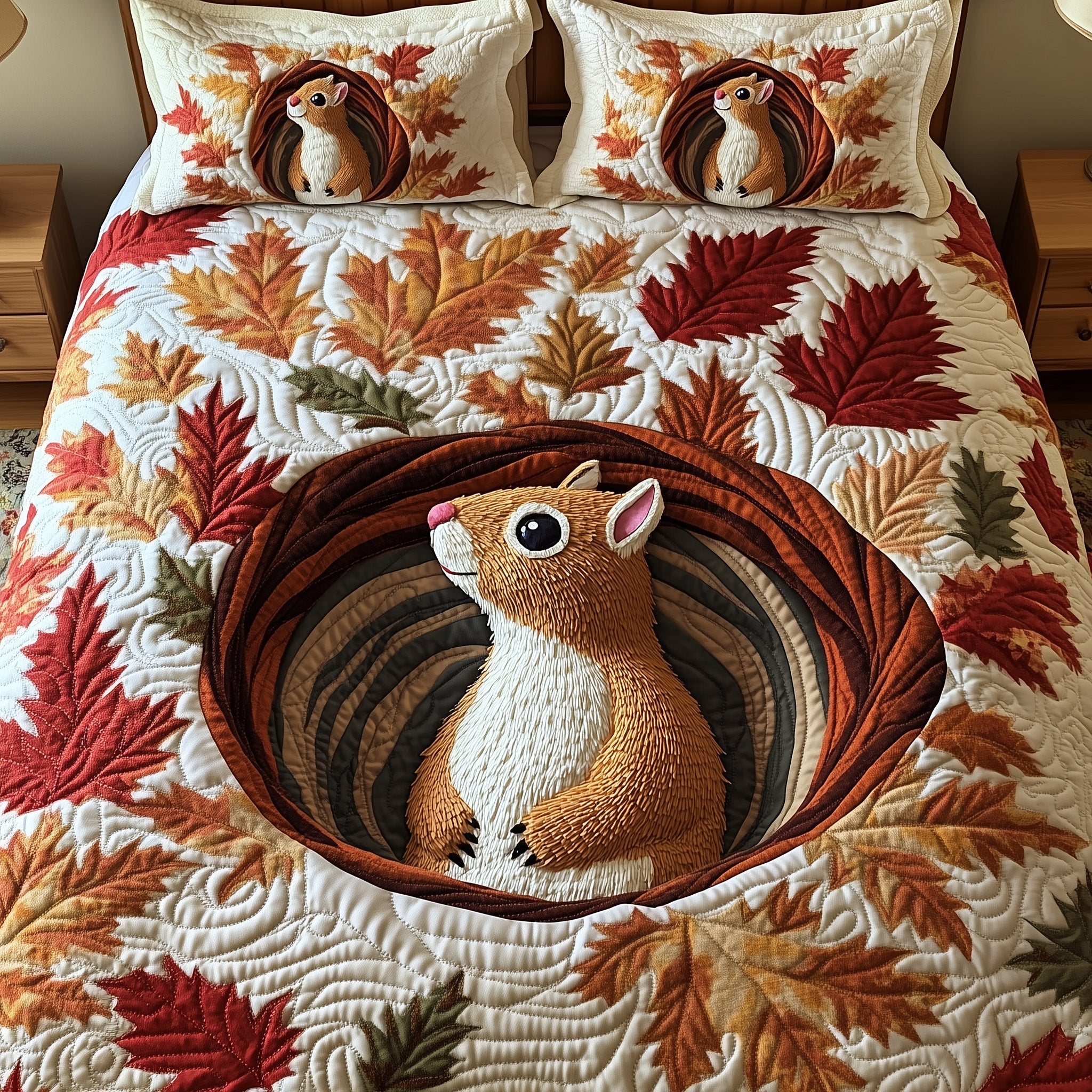 Squirrel Drey Quilted Bedding Set Cozy Autumn Vibes Best Cute Fall Squirrel Bedroom Gift Ideas