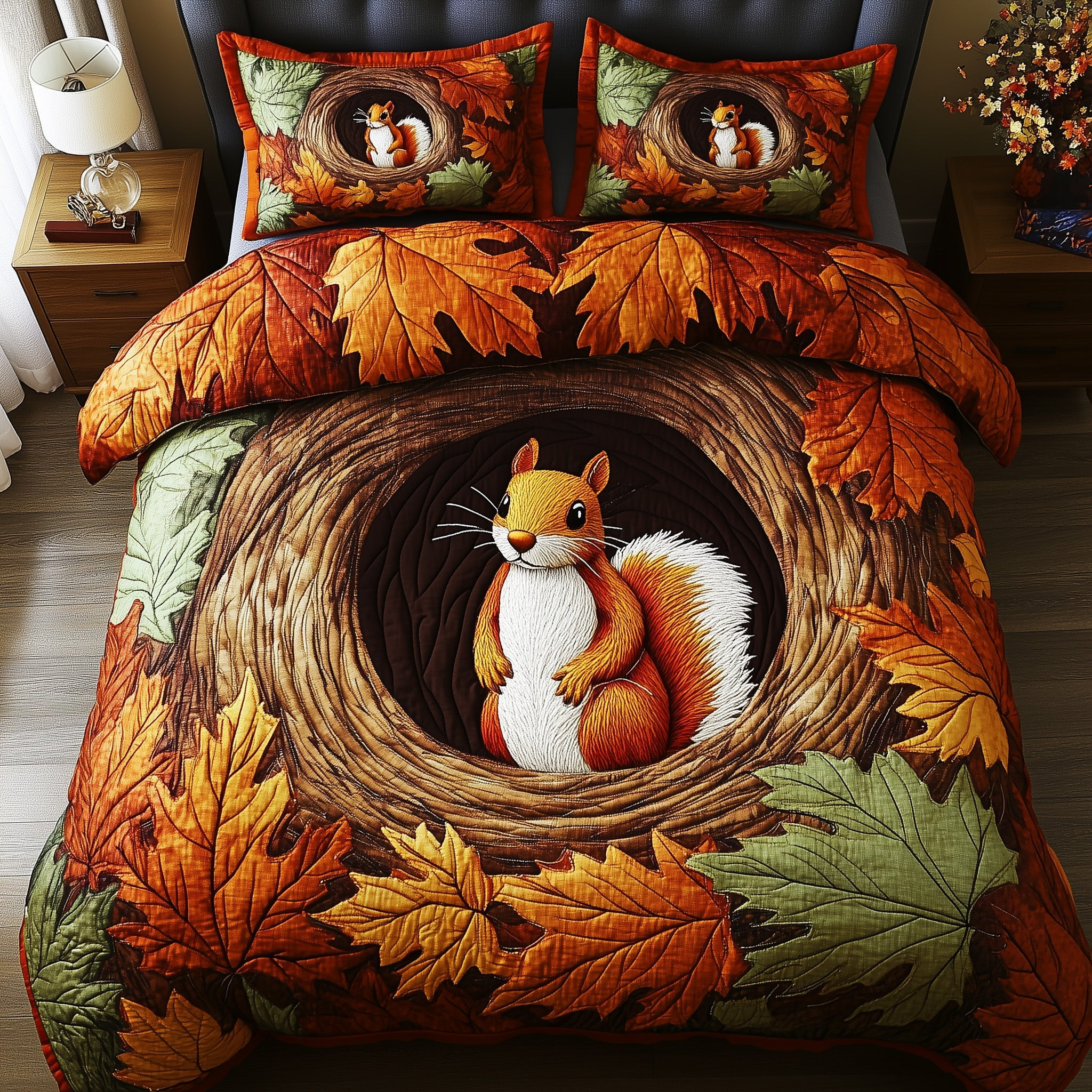 Squirrel Drey Quilted Bedding Set Cozy Autumn Vibes Best Falling for Fall Bedroom Gift Ideas
