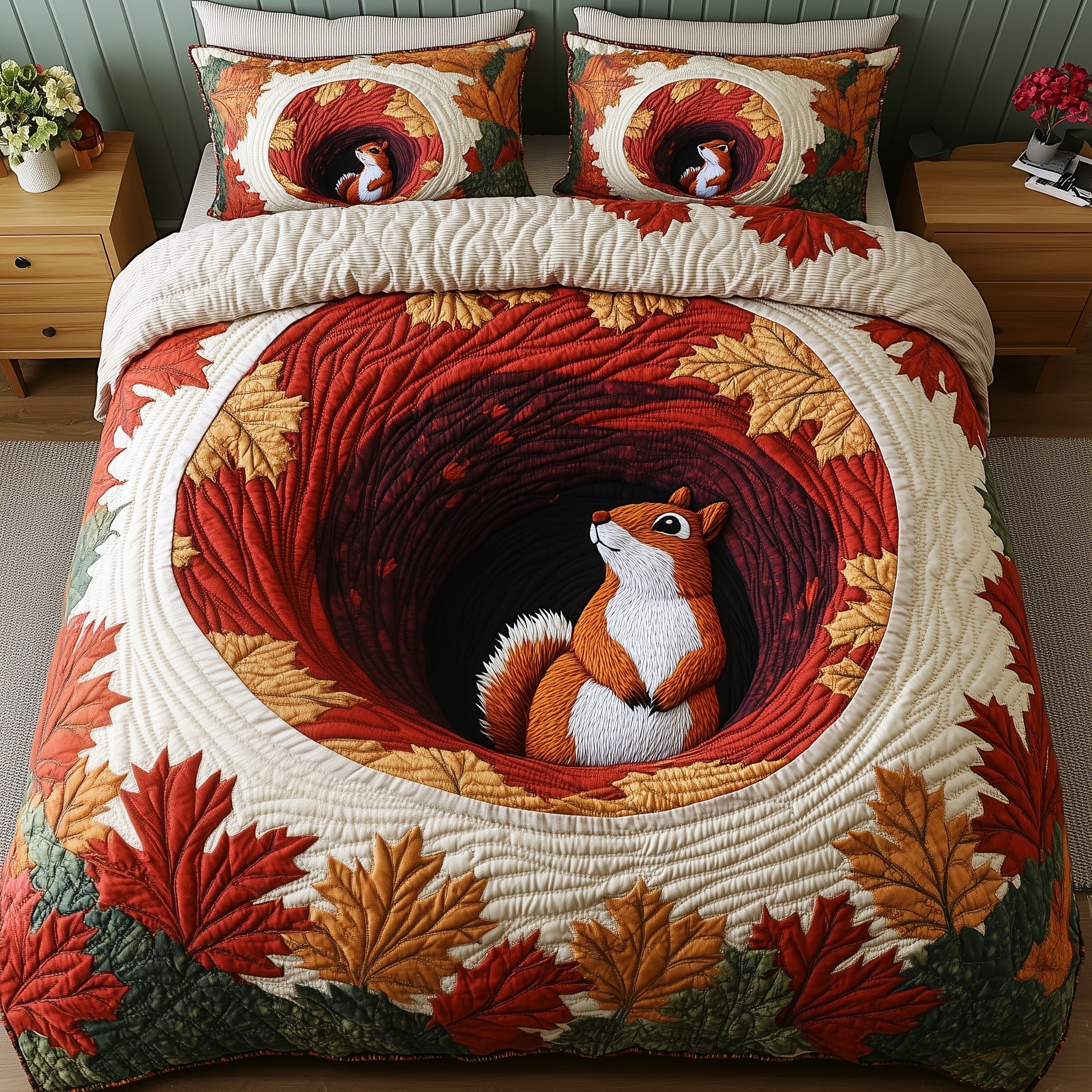 Squirrel Drey Quilted Bedding Set Rustic Autumn Best Fall Squirrel Bedroom Gift Ideas