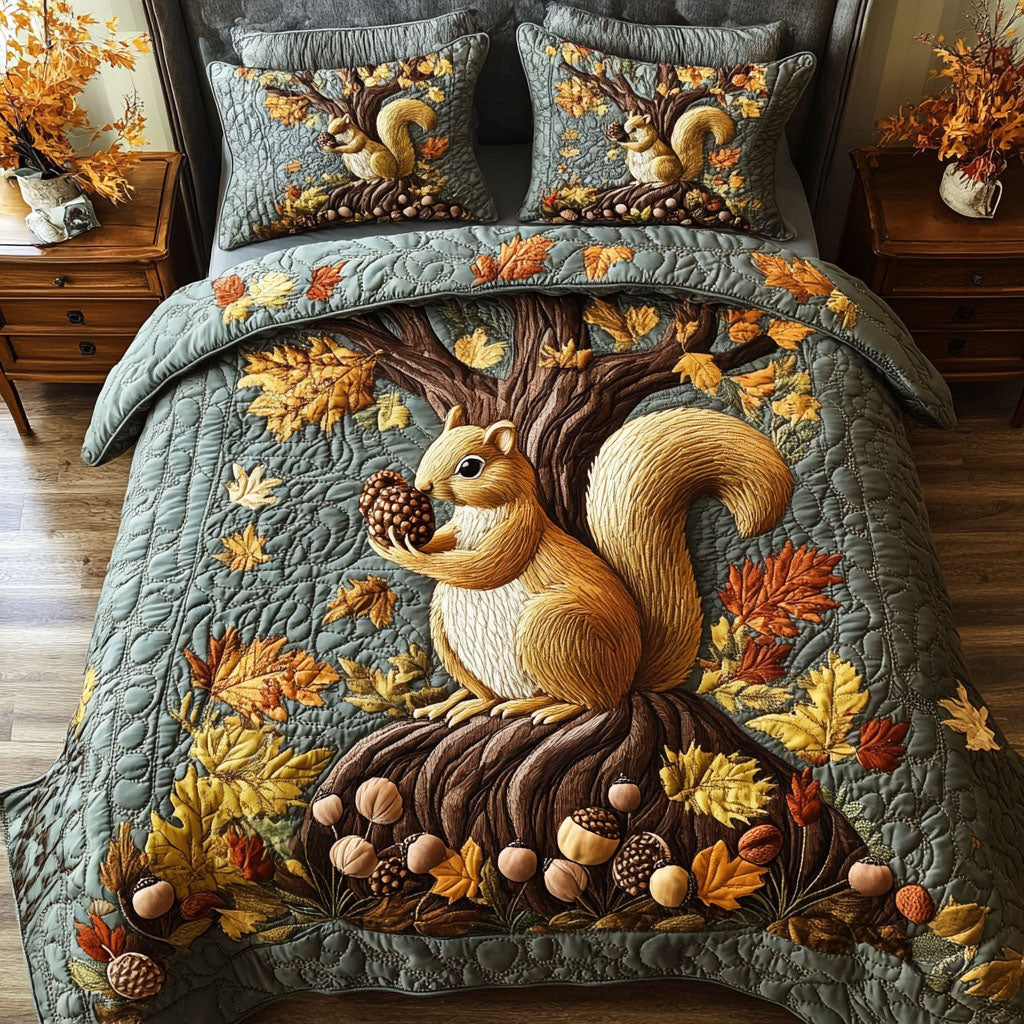 Squirrel Harvest Quilted Bedding Set Cozy Bedroom Decor Fun Fall Gift Ideas