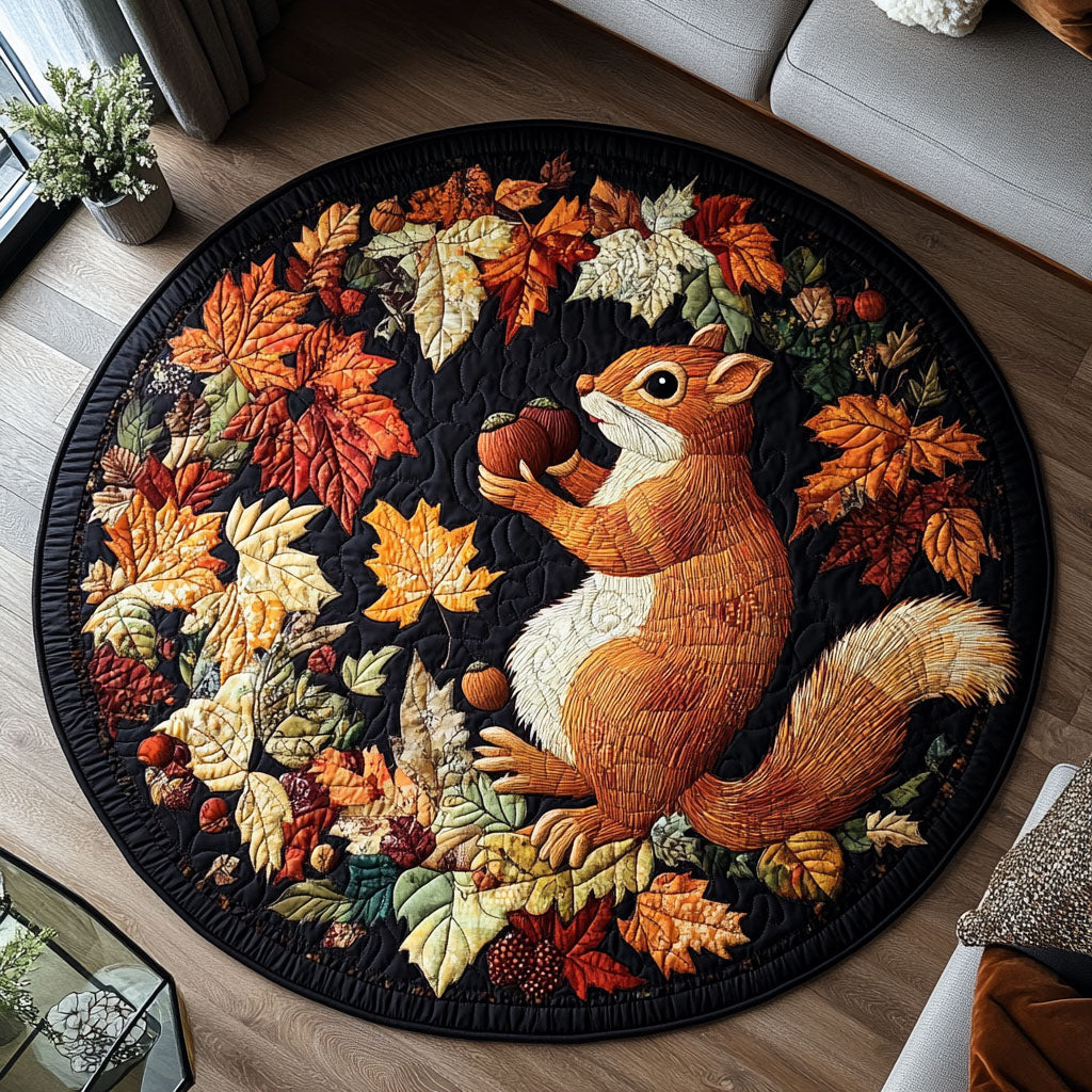 Squirrel in the Harvest Leaves Quilted Round Mat Unique Front Door Decor Sea Turtle Gift Ideas For Her
