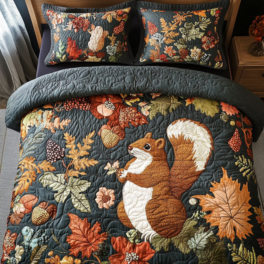 Squirrel in the Leaves Quilted Bedding Set Bedroom Decor Best Autumn Gifts
