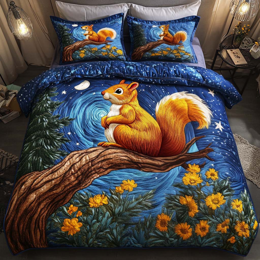 Squirrel Whimsy Quilted Bedding Set Van Gogh Inspired Bedspread Set Bed Room Decoration