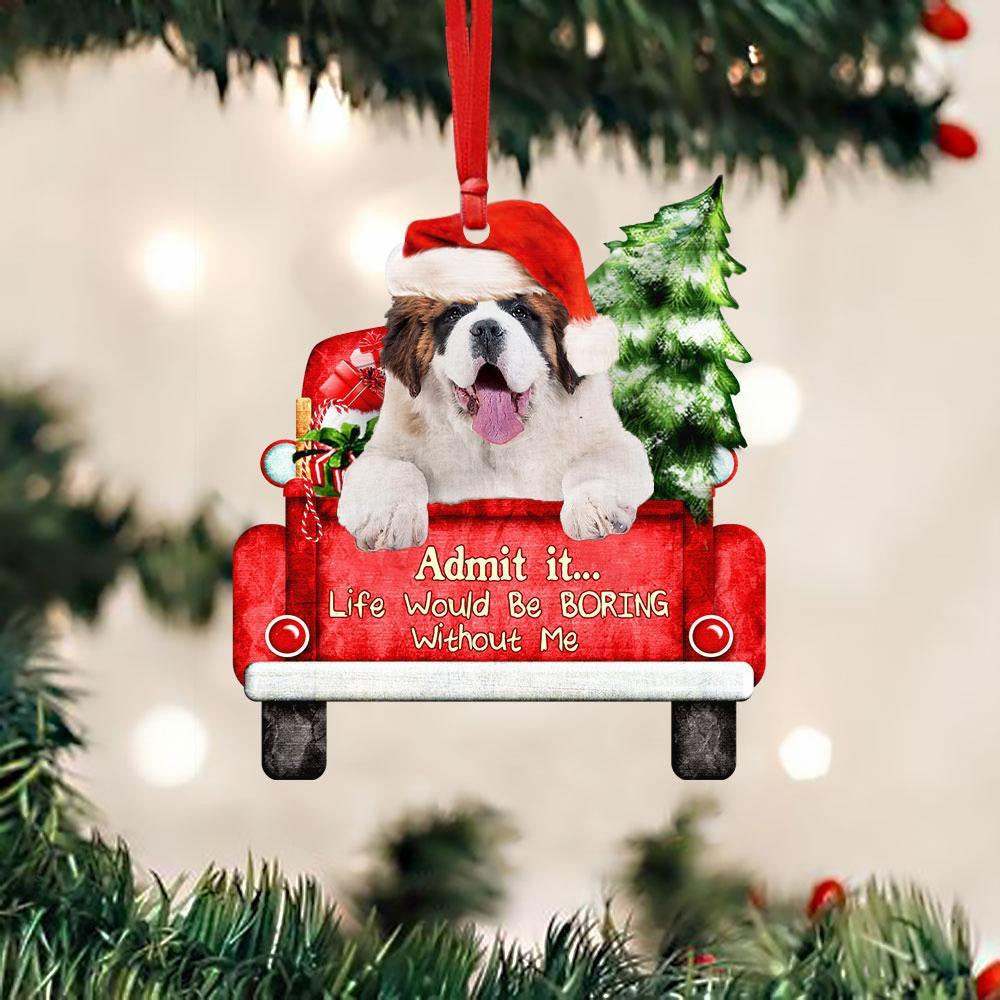 St Bernard On The Red Truck Acrylic Christmas Ornament