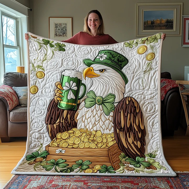 St Patrick's Day Bald Eagle Leprechaun Beer Quilted Blanket Irish Shamrock Best Gift Ideas