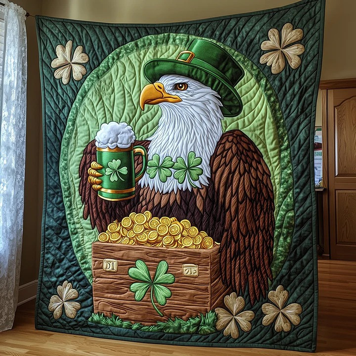 St Patrick's Day Bald Eagle Leprechaun Quilted Blanket Irish American Beer Shamrock Gift Ideas