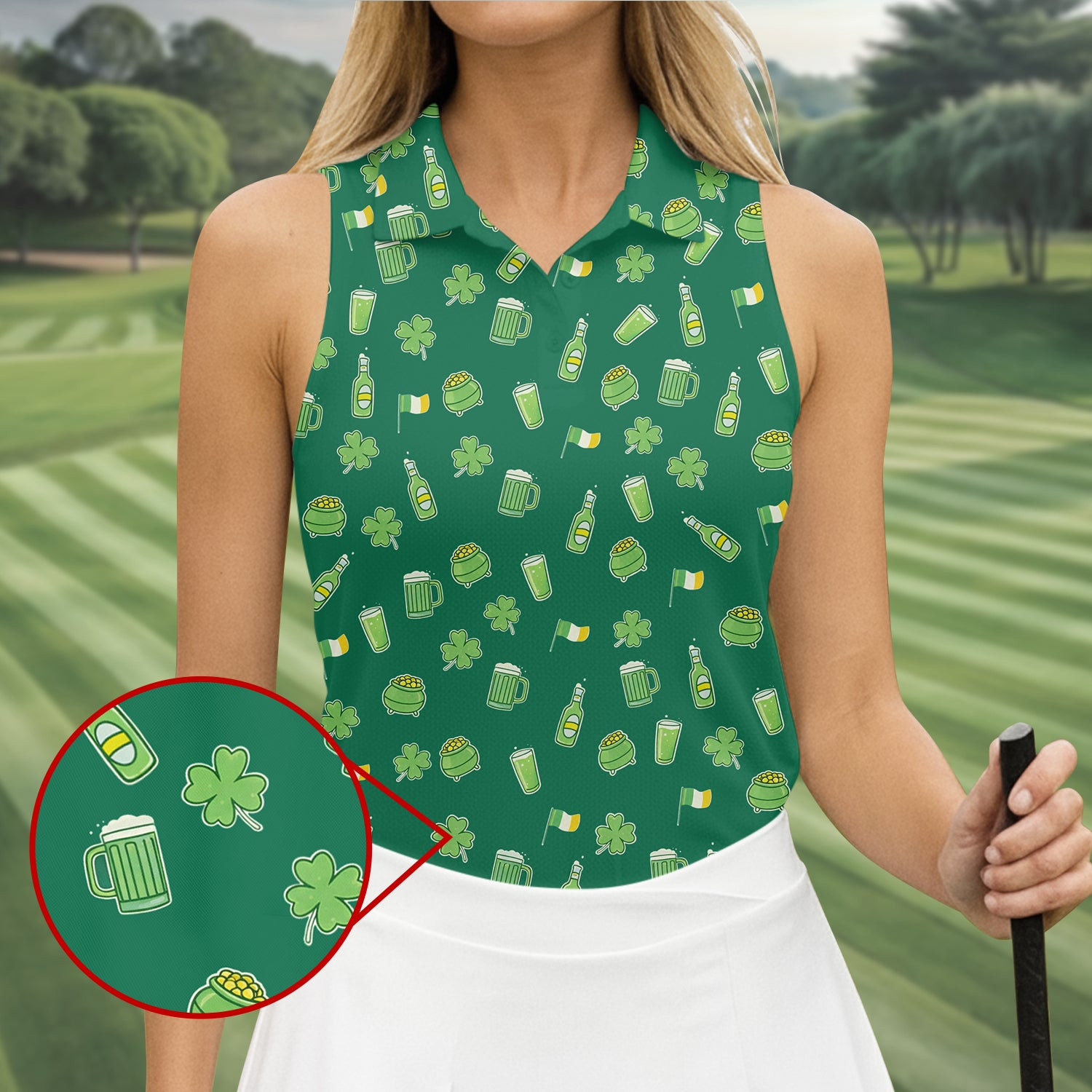 St Patrick's Day Beer Four Leaf Clovers Gold Sleeveless Polo Shirt Golf Merch Good Gift For Wife