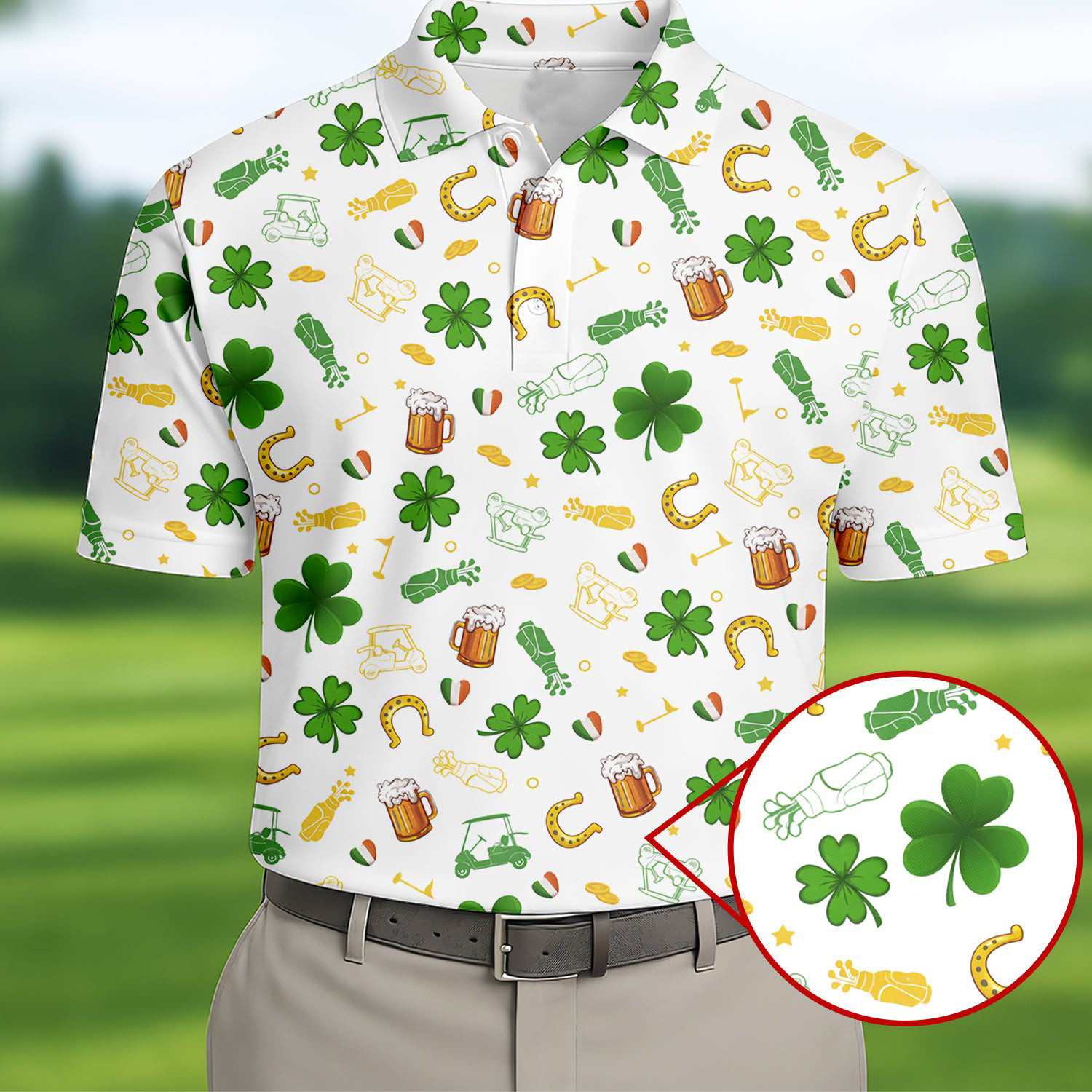 St Patrick's Day Beer Golden Horseshoes Shamrock Golf Polo Shirt Golf Attire Unique Gift For Father