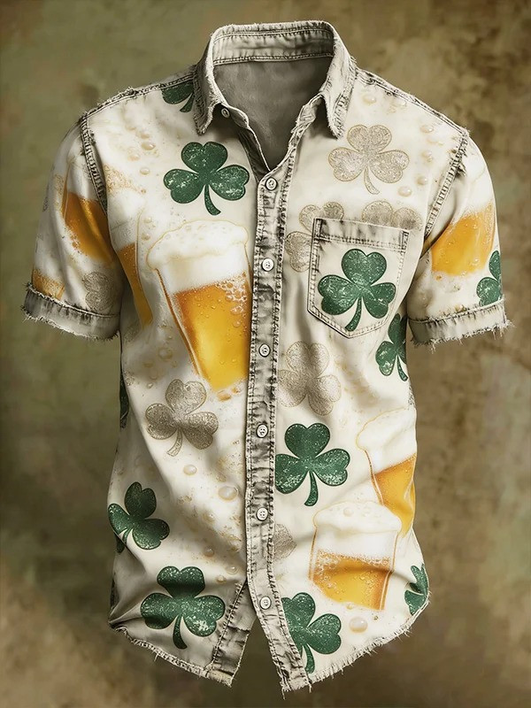 St Patricks Day Beer Shamrock Graphic Button Shirt Saint Patrick's Day Irish Drinking Tee Best Gift Men