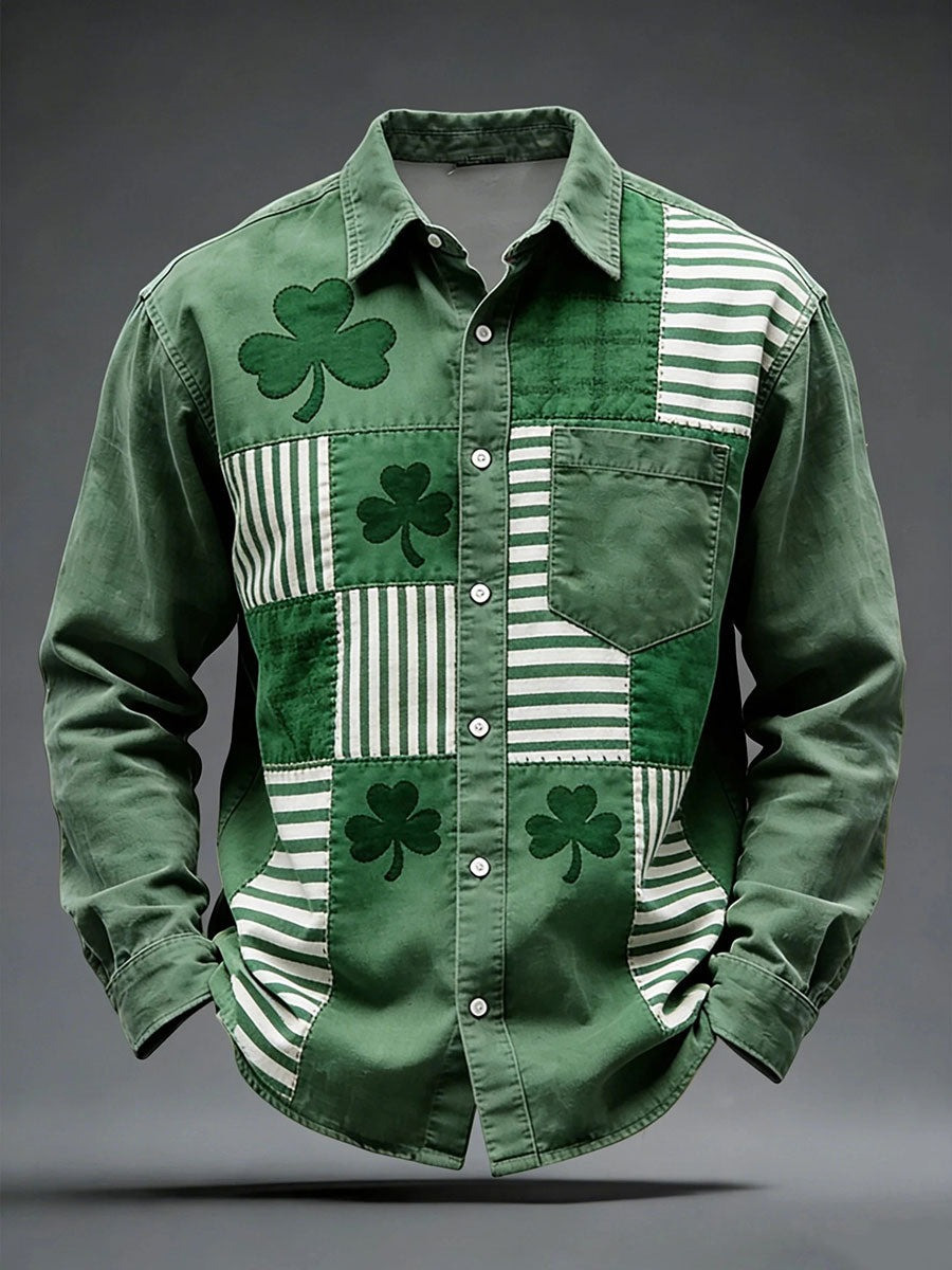 St Patricks Day Button Up Long Sleeve Shirt Irish Lucky Shamrock Clover Fan Gear Gift For Men
