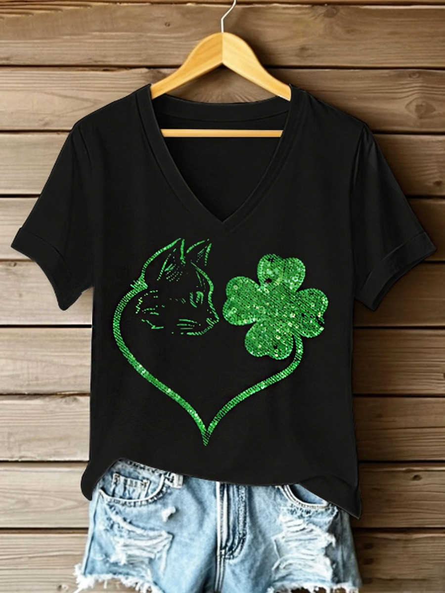 St Patricks Day Cat Shamrock Sequin V Neck Shirt Women Cute Lucky Clover Tee Funny St Pattys Shirt For Her