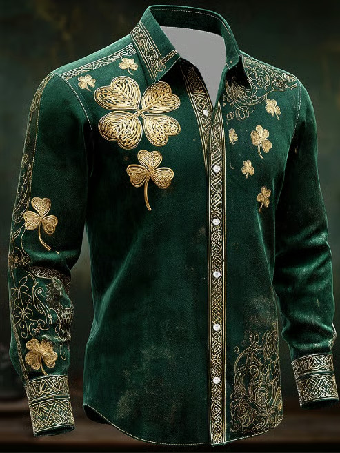 St Patrick's Day Celtic Cross Intricate Floral Long Sleeve Button Up Shirt St Patrick's Apparel