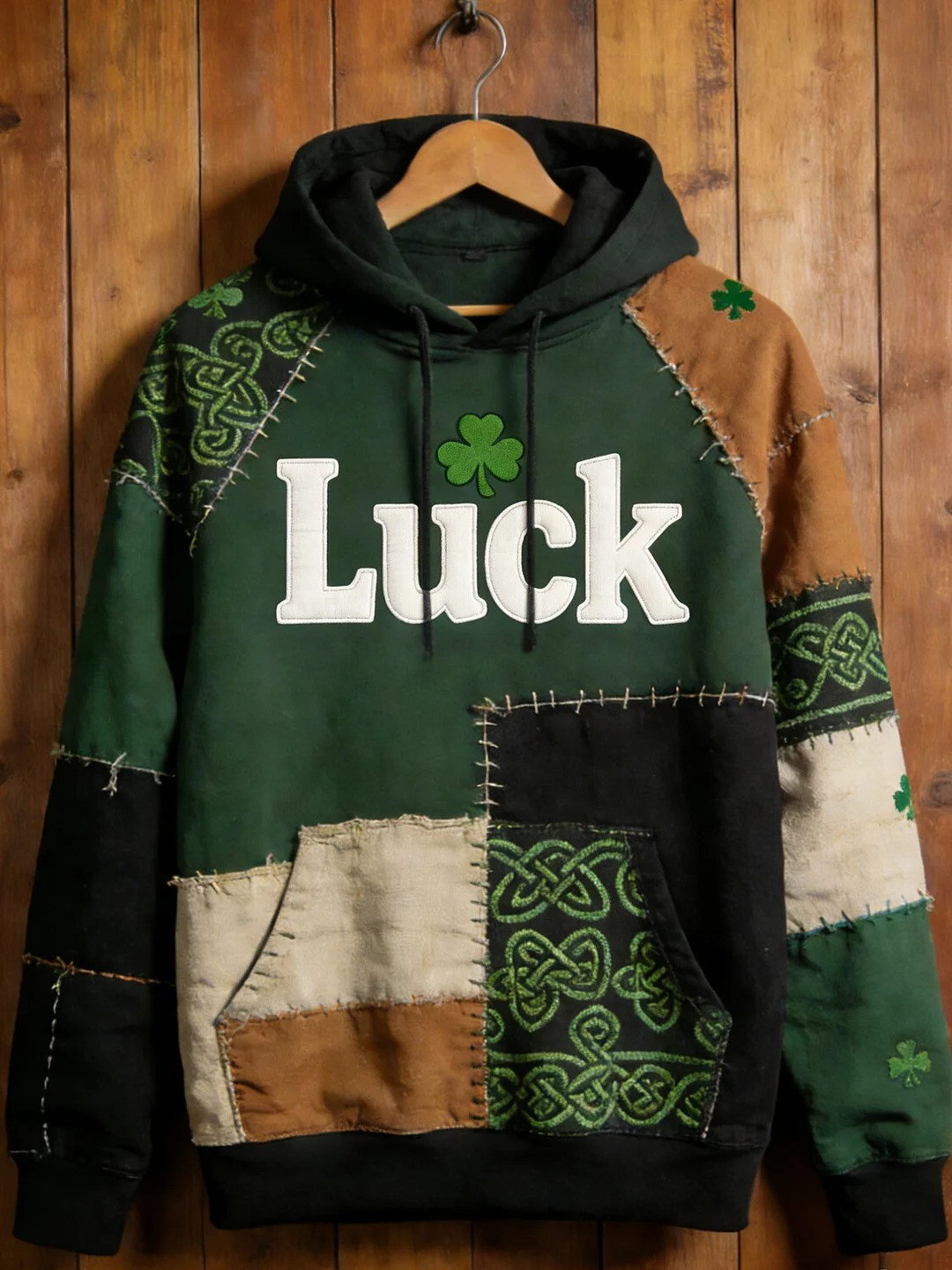 St Patricks Day Celtic Knot Lucky Shamrock Patchwork Graphic Hoodie Irish Gift For Men