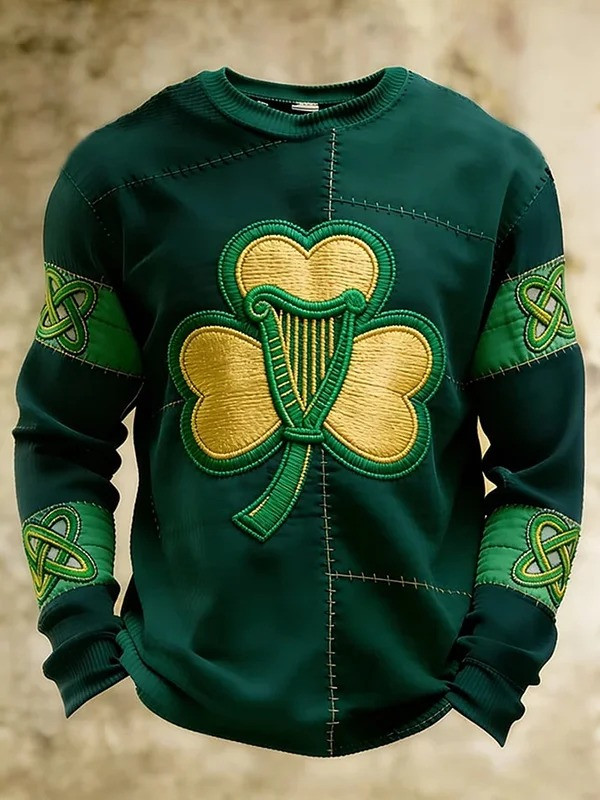 St Patricks Day Celtic Knot Shamrock Harp Graphic Long Sleeve T-Shirt Saint Patrick's Day Irish Gift Men