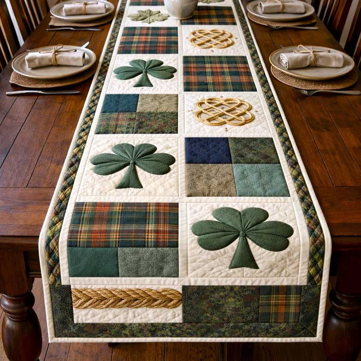 St Patrick's Day Celtic Plaid Shamrock Quilted Table Runner Irish Home Decor Best Gift Ideas
