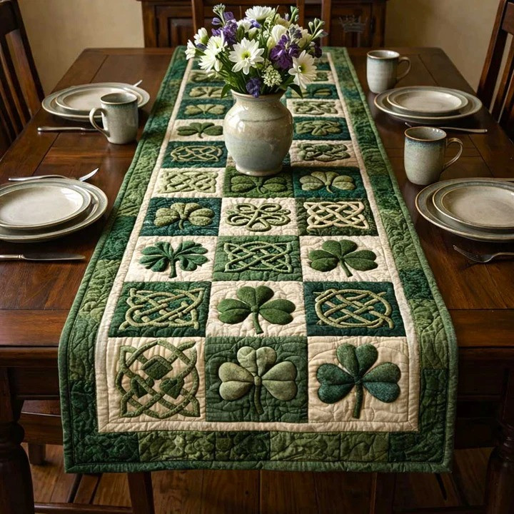 St Patrick's Day Celtic Shamrock Knot Quilted Table Runner Irish Green Home Decor Best Gift
