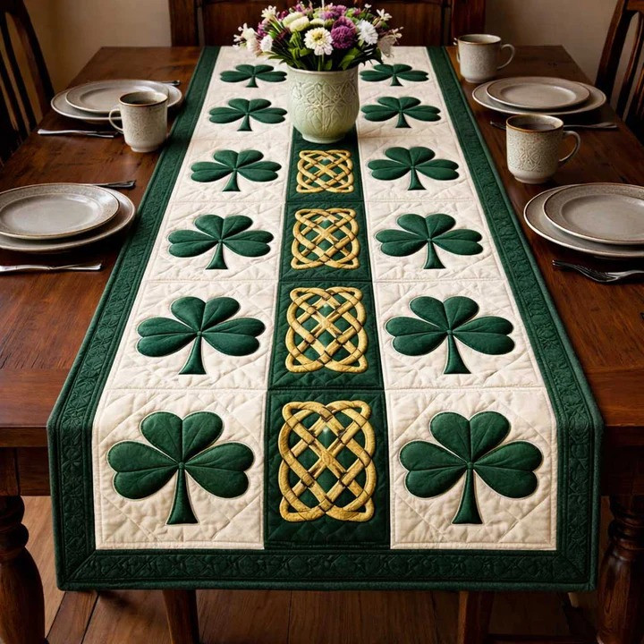 St Patrick's Day Celtic Shamrock Knot Quilted Table Runner Irish Green White Home Decor Gift