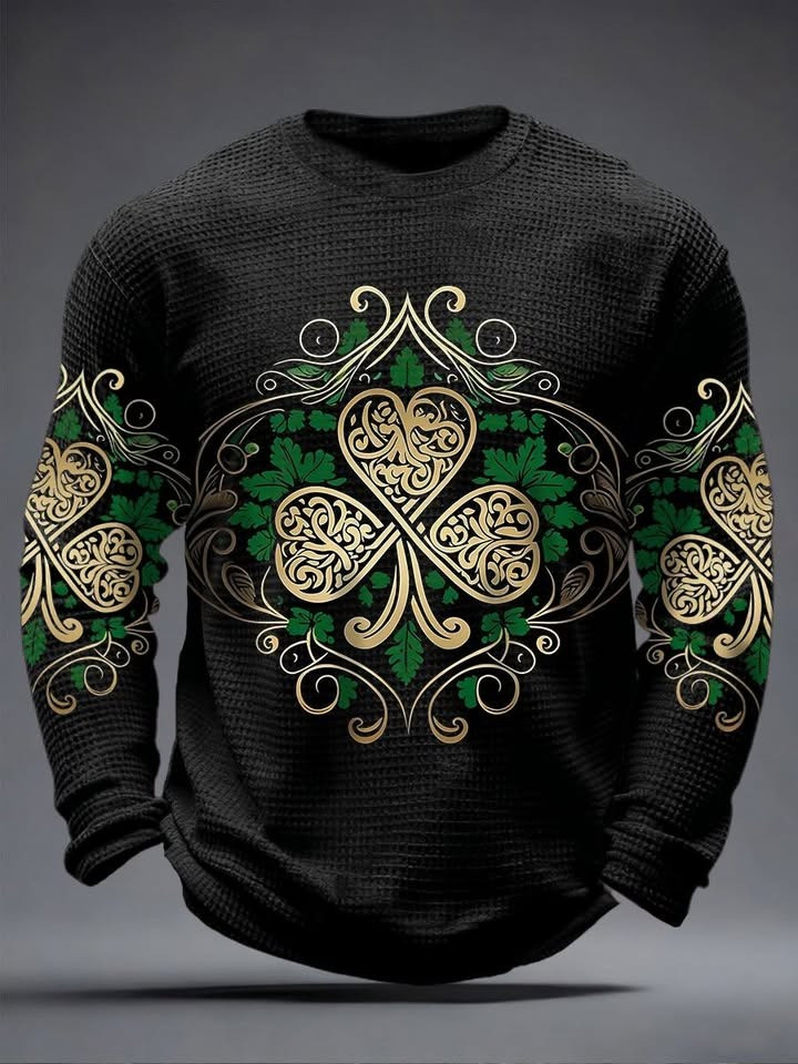 St Patrick's Day Celtic Shamrock Long Sleeve Shirt Irish Clover Waffle Shirt Best Gift For Irish Fans